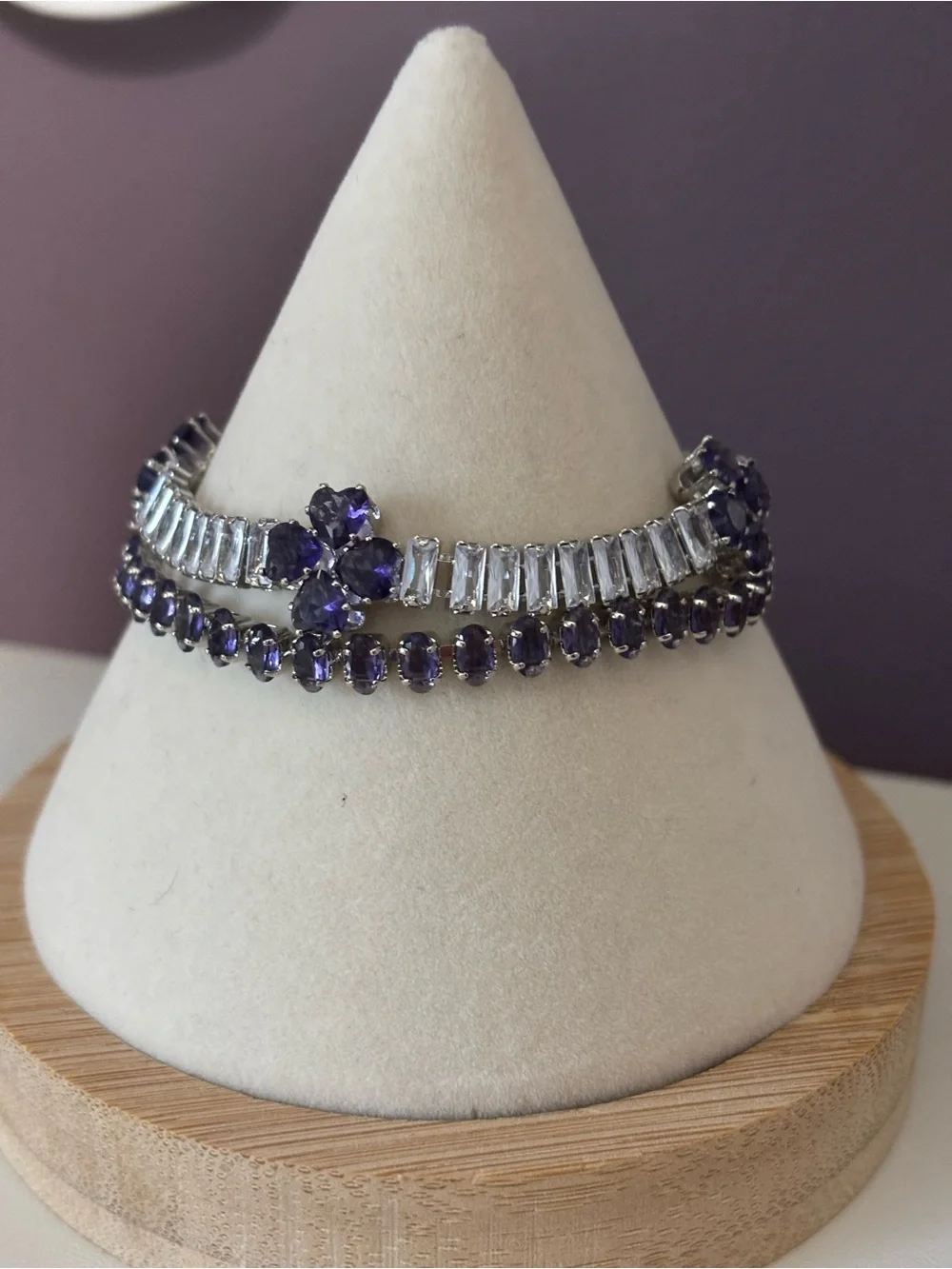 Elegant Silver Bracelet Duo with Purple Stones